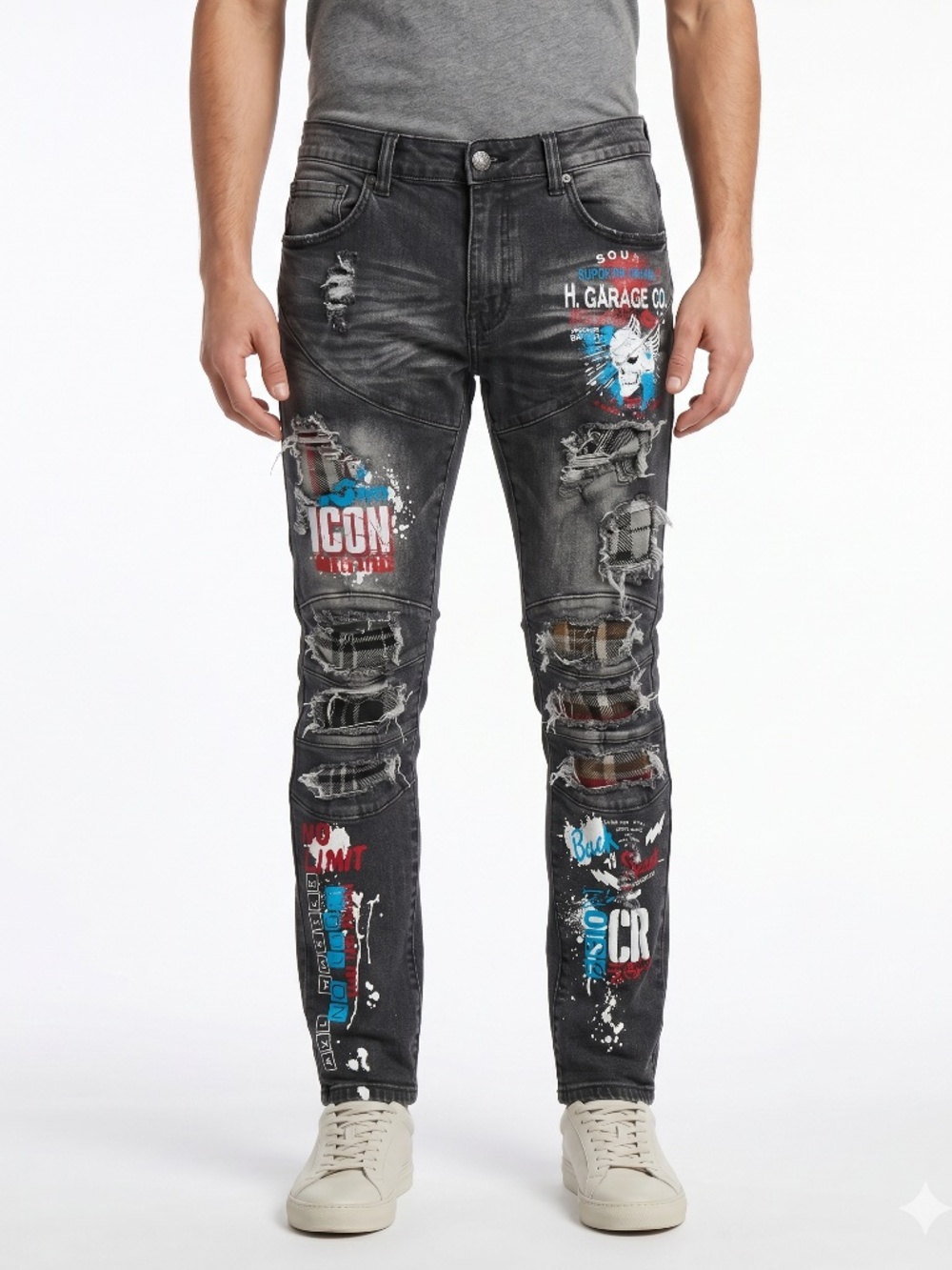 Copper Rivet Distressed Moto Jeans Black Plaid Patches Graphic Men's Size 34x30